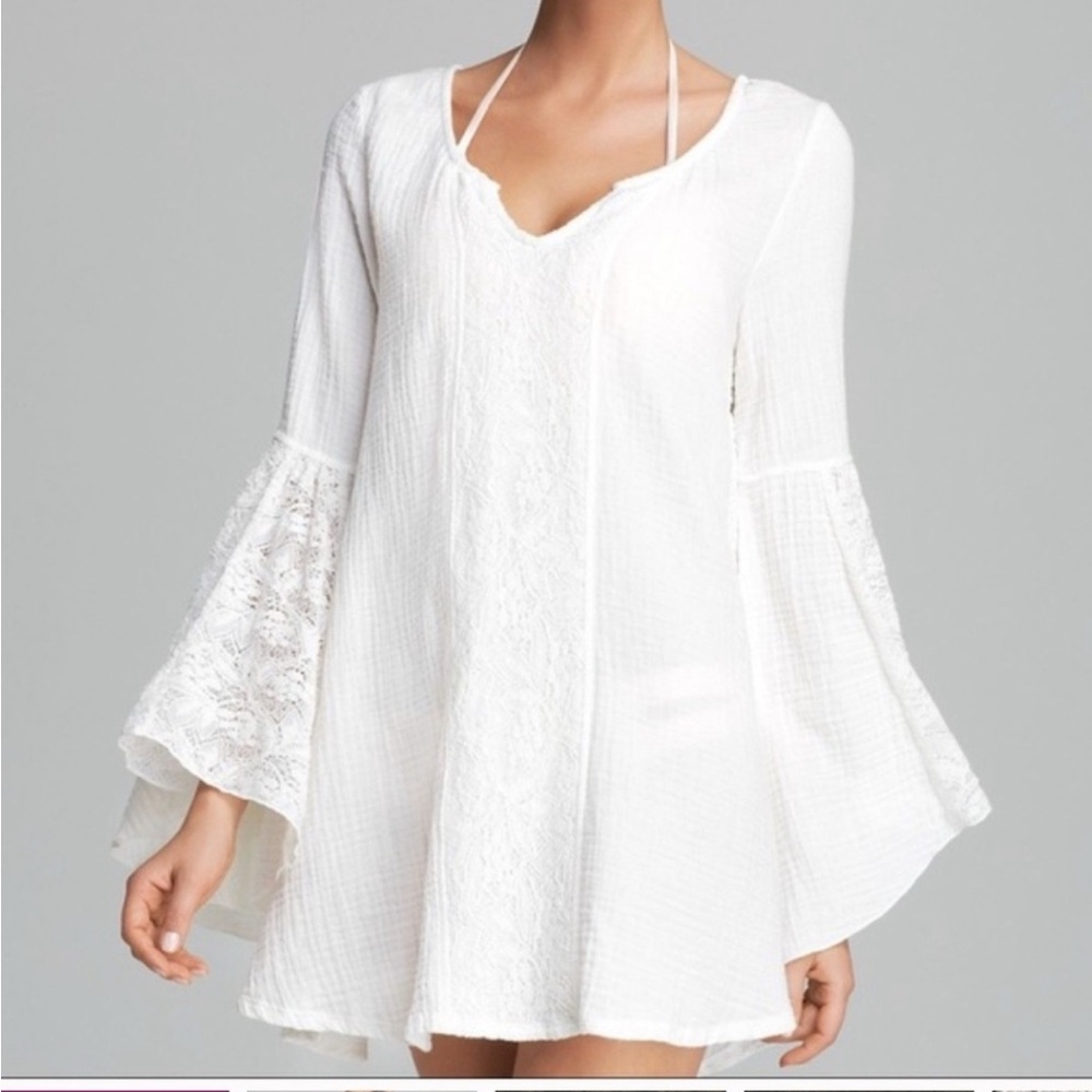 Lspace off White gauze tunic coverup lace bell sleeve Women's Top S